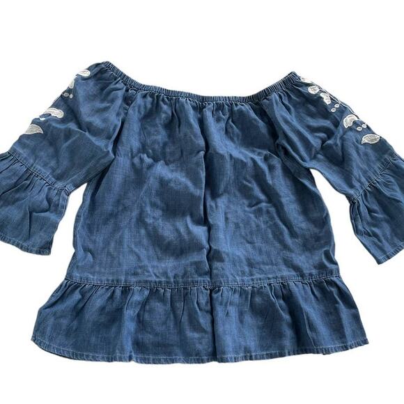 Blue Rain Top Women X Small Blue Chambray Floral Embroidered Off Shoulder - Picture 3 of 8